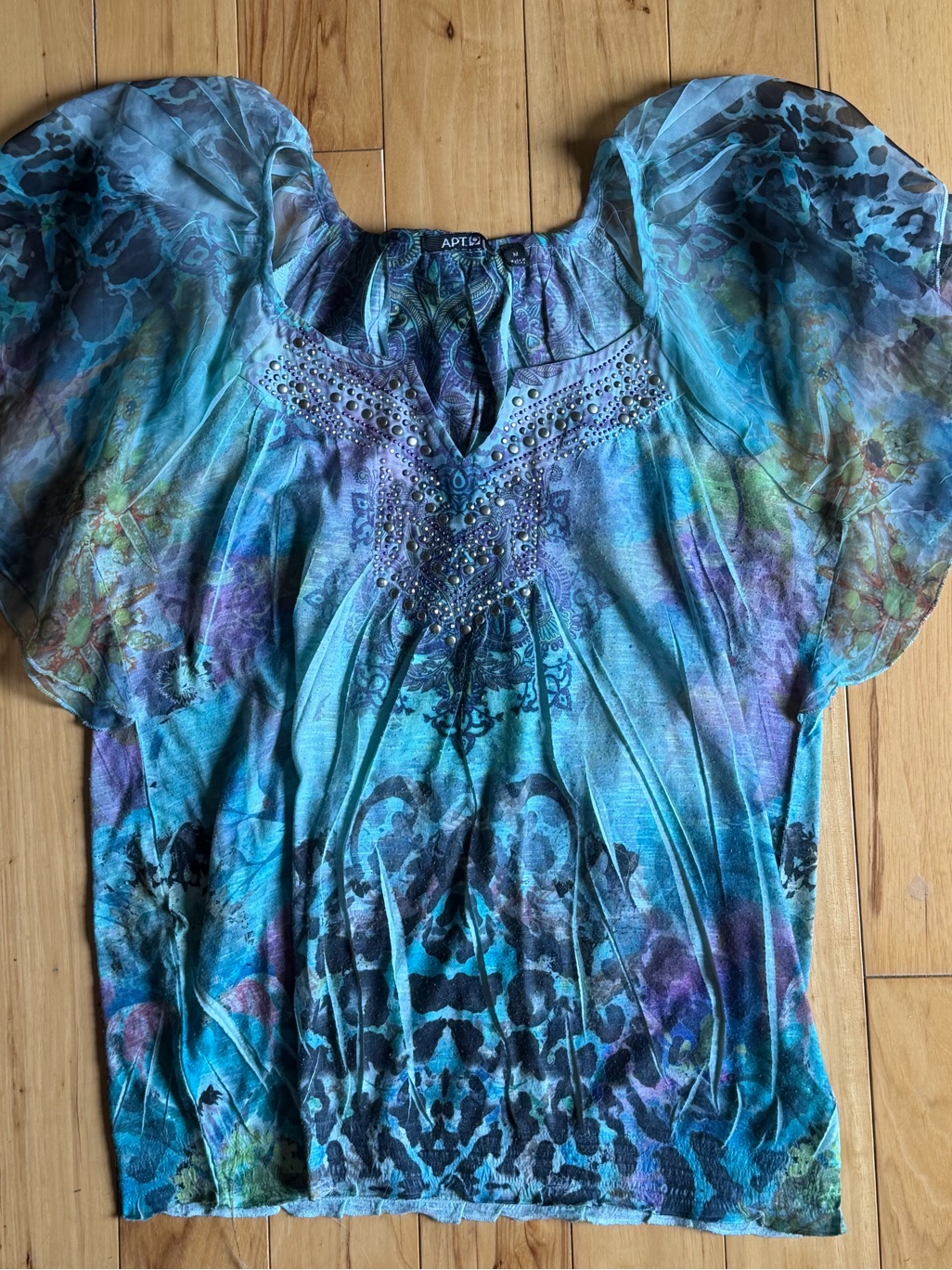 Apt. 9 Turquoise And Blue Printed Puff-Sleeve Blouse